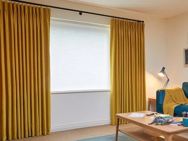 yellow curtain with light filtering roller